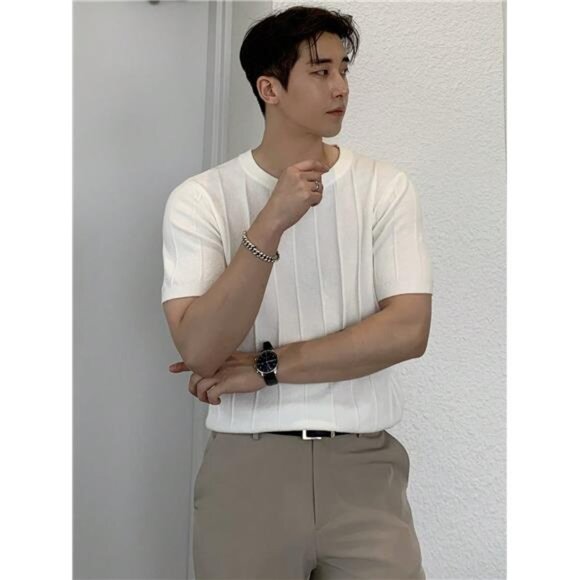 Men Solid Ribbed Knit Top, Elegant Men Shirt - Picture 8 of 9